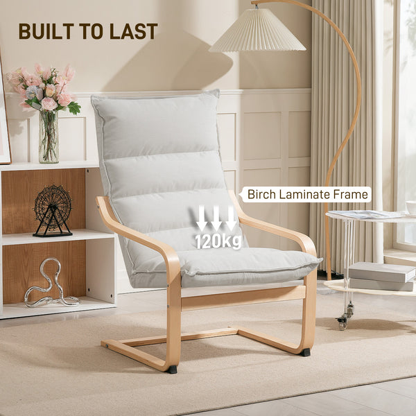 Fabric and birch wood accent chair with curved legs and armrests, cream white