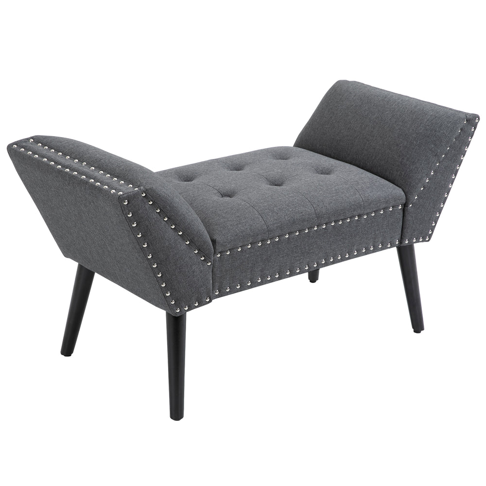 Modern Upholstered Bench with Armrests and Nailhead Trim, Grey