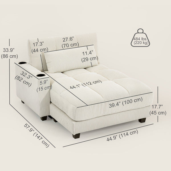 Cream white corduroy recliner armchair with cup holders and pocket springs