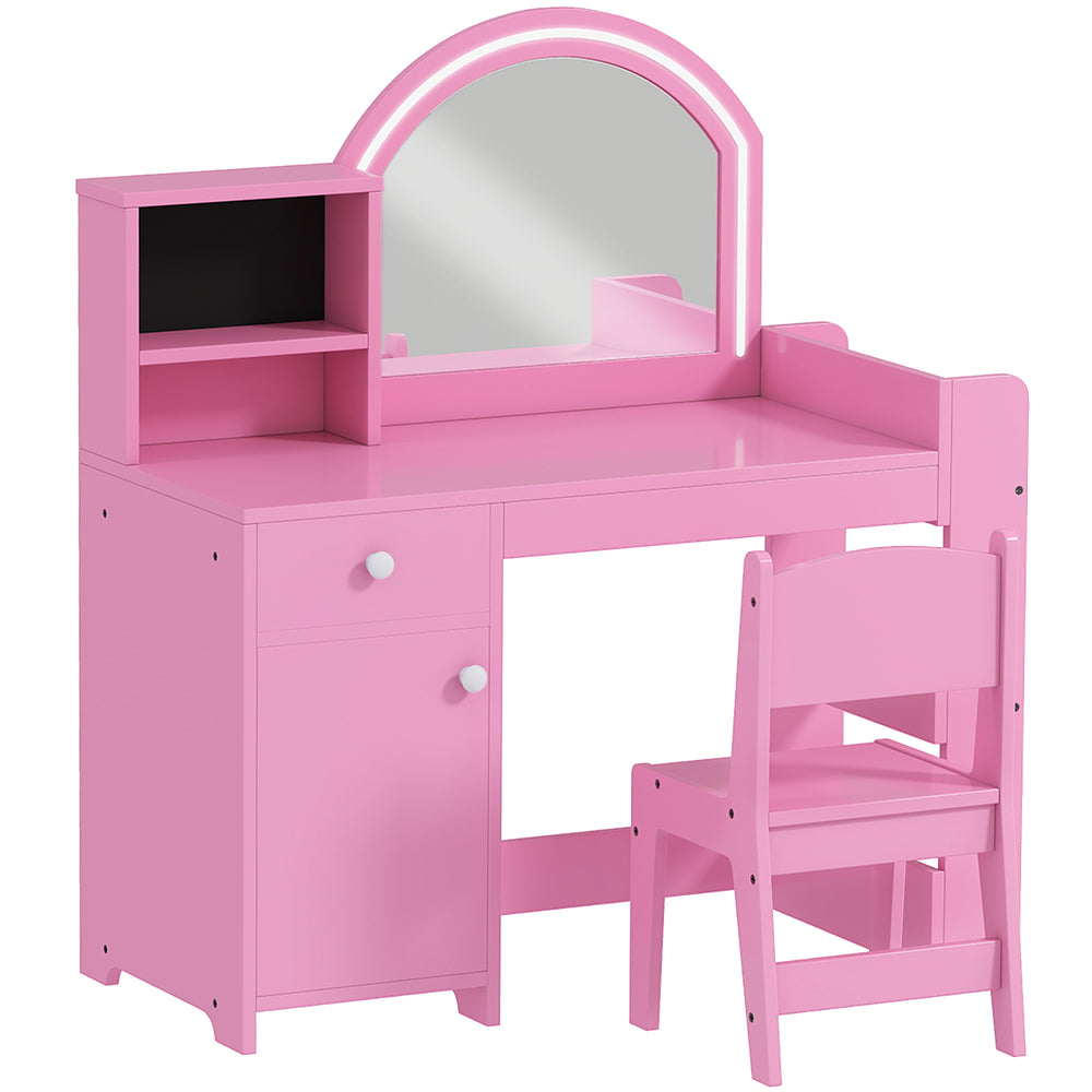 Dressing table and chair set with illuminated mirror, cabinet, drawer and shelves, pink