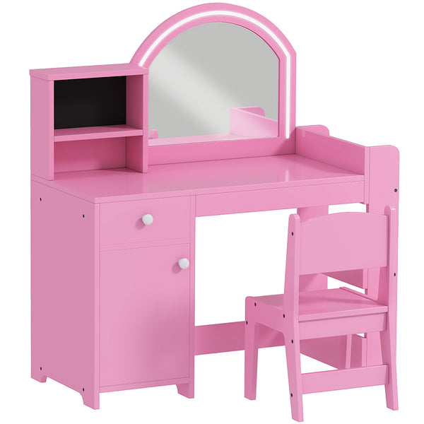 Dressing table and chair set with illuminated mirror, cabinet, drawer and shelves, pink