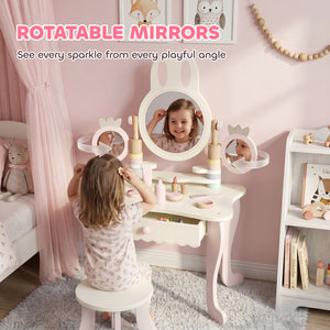 Children's dressing table with 3 mirrors and stool, pink