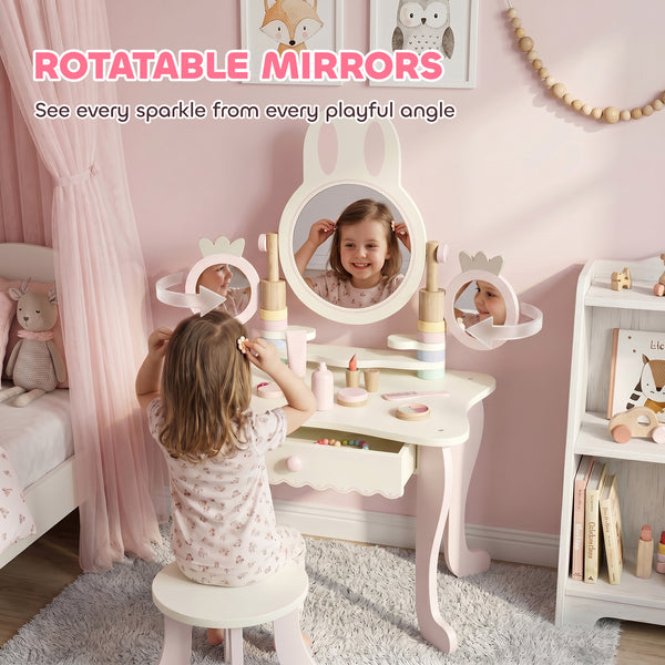 Children's dressing table with 3 mirrors and stool, pink