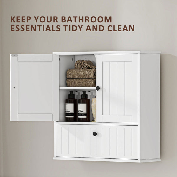 Wall-mounted bathroom cabinet, farmhouse style, with adjustable shelves and drop-down door, white