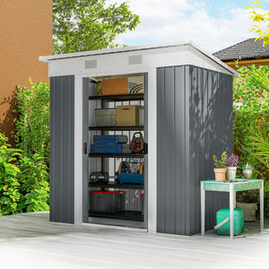 Metal garden shed with lockable sliding doors and ventilation, grey