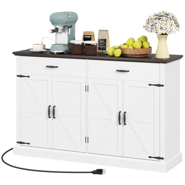 55" Country Style Sideboard with Top, 4 Barn Doors, 2 Drawers and 2 Adjustable Shelves, White