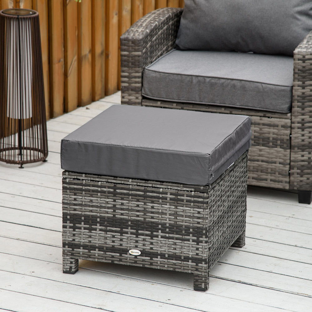 Rattan garden pouf with soft cushion, grey