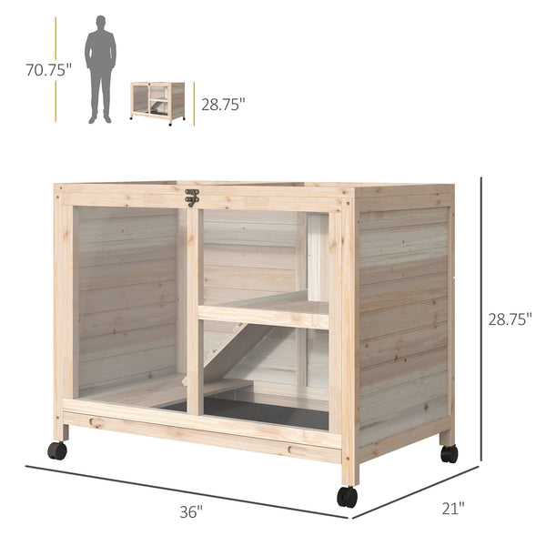 Indoor Rabbit Hutch with Wheels, Bunny Cage Guinea Pig House W/ Top Access, Ramp, Pull Out Tray, Natural Wood