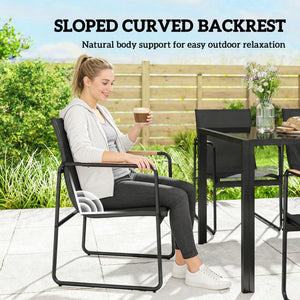 7-piece outdoor dining set for 6 people, glass table and chairs with decorative armrests, weather-resistant mesh fabric, black 
