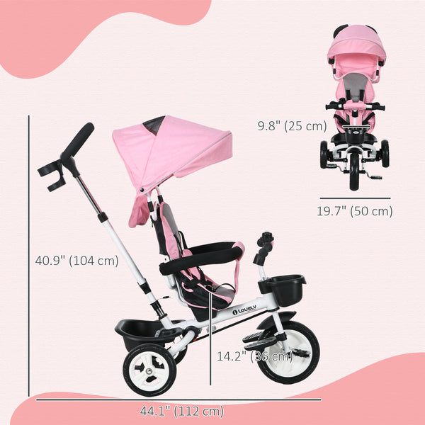 6-in-1 Tricycle with Parent Handle, Canopy, Storage Baskets and Cup Holder, Pink