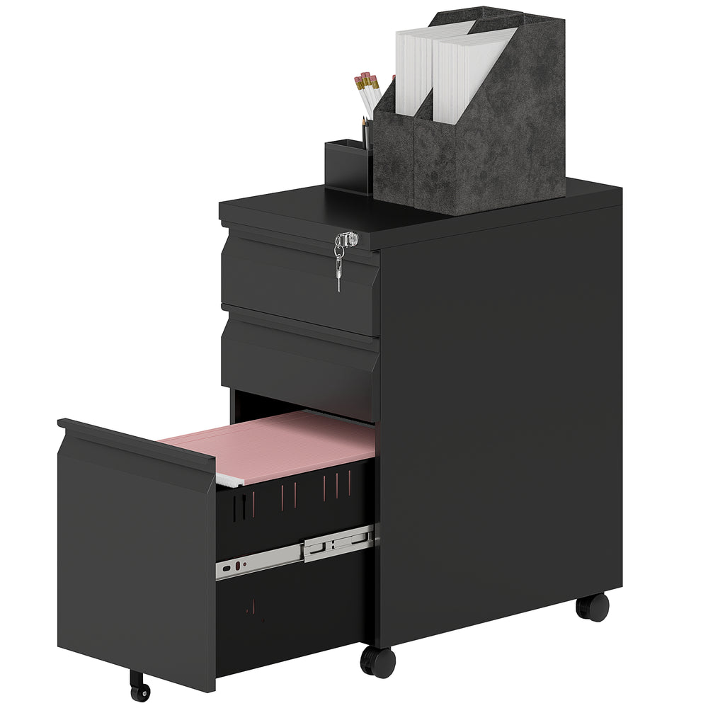 3 Drawer Filing Cabinet with Lock, Steel Office Storage Cabinet with Hanging Bar for A4, Legal and Letter Files, Black