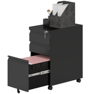 3 Drawer Filing Cabinet with Lock, Steel Office Storage Cabinet with Hanging Bar for A4, Legal and Letter Files, Black