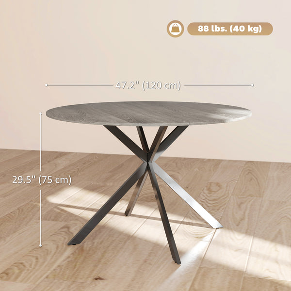 Round kitchen table for 4 people with steel legs, gray and black wood grain