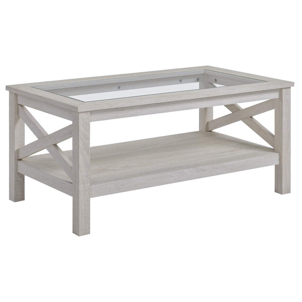 Farmhouse Style Coffee Table with Tempered Glass Top, White Oak