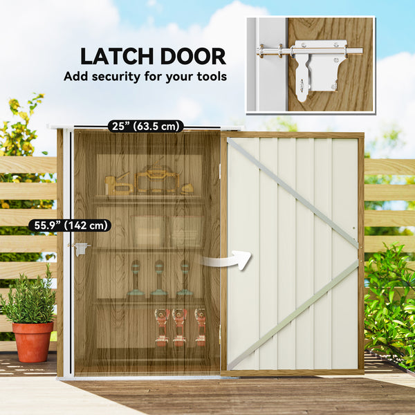 Compact galvanized steel garden shed with lockable door, wood color