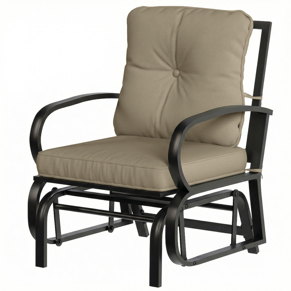 Rocking armchair with cushions, steel frame, curved armrests, beige