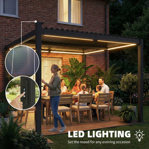 10 x 10 pergola with adjustable louvered roof, black, with LED solar lighting and drainage gutters