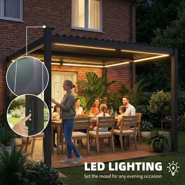 10 x 10 pergola with adjustable louvered roof, black, with LED solar lighting and drainage gutters