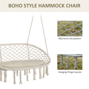 Patio Hammock Chair 2 Seat, Hanging Rope Hammock Swing Chair with Metal Frame and Cushion, Large Macrame Seat for Indoor and Outdoor 396 lbs Capacity, Cream White