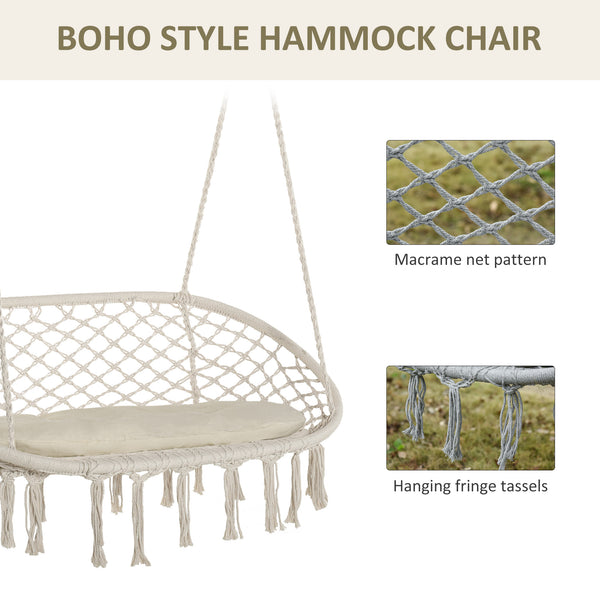 Patio Hammock Chair 2 Seat, Hanging Rope Hammock Swing Chair with Metal Frame and Cushion, Large Macrame Seat for Indoor and Outdoor 396 lbs Capacity, Cream White