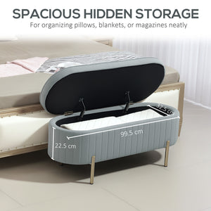 Upholstered tufted bedroom bench with metal legs, gray