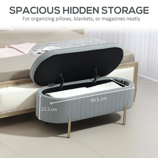 Upholstered tufted bedroom bench with metal legs, gray