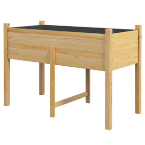 Raised wooden planter with drainage holes for vegetables, natural