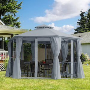 13 ft hexagonal gazebo with mosquito netting and shade curtains, grey