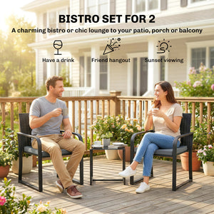 Ensemble bistro d'extérieur 3 pièces en résine tressée avec assise en maille, table en verre et coussins, gris