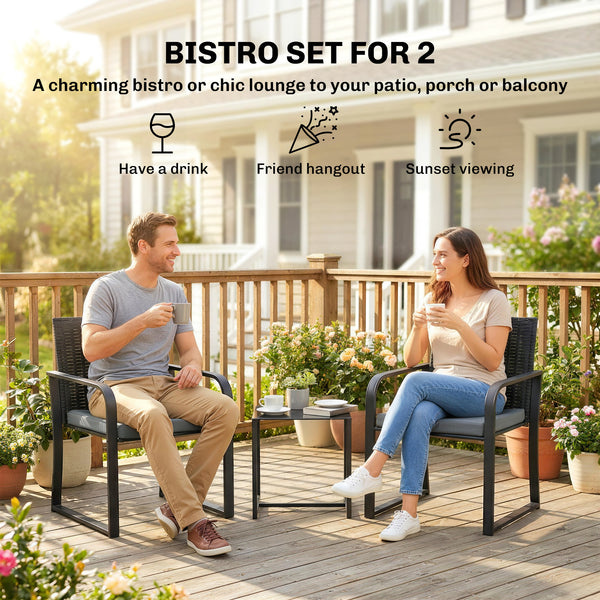 Ensemble bistro d'extérieur 3 pièces en résine tressée avec assise en maille, table en verre et coussins, gris