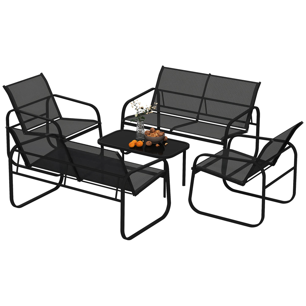 4-piece patio furniture set with 2 loveseats, 2 armchairs, and a glass-top table, black