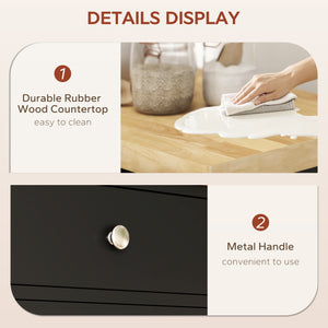 Kitchen island on wheels with wooden top, towel rack, drawer and shelf, black