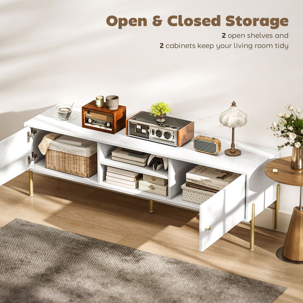 TV stand for TVs up to 65 inches with 2 open shelves, 2 cupboards and steel legs, white