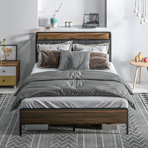 Double Bed Frame with Charging Station, Upholstered Headboard and Storage Shelf, Walnut