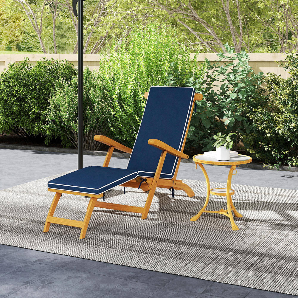 Folding Sun Lounger with Padded Cushion, Acacia Wood Recliner with Footrest for Garden, Navy Blue