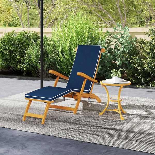 Folding Sun Lounger with Padded Cushion, Acacia Wood Recliner with Footrest for Garden, Navy Blue