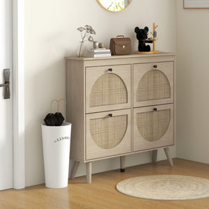 Hallway shoe cabinet with 4 drop-down drawers and adjustable shelves for 20 pairs of shoes, oak