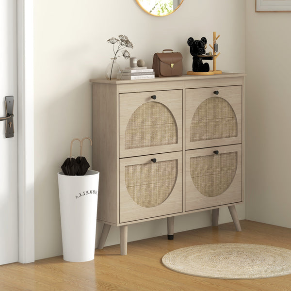 Hallway shoe cabinet with 4 drop-down drawers and adjustable shelves for 20 pairs of shoes, oak