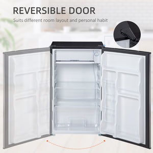 Compact refrigerator with freezer, adjustable shelf, mechanical thermostat and reversible door, silver