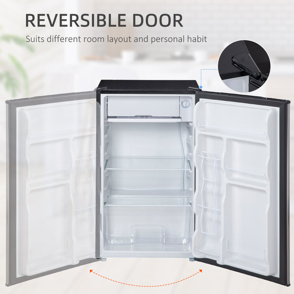 Compact refrigerator with freezer, adjustable shelf, mechanical thermostat and reversible door, silver