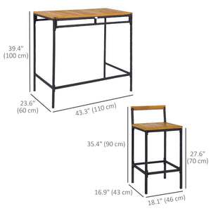 3 Piece Wicker Bar Set, Bar Table and Chairs with Acacia Wood Top, Natural Wood