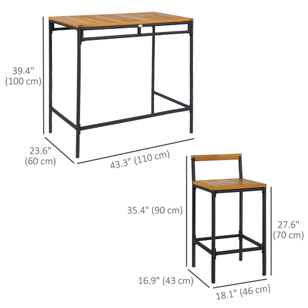 3 Piece Wicker Bar Set, Bar Table and Chairs with Acacia Wood Top, Natural Wood