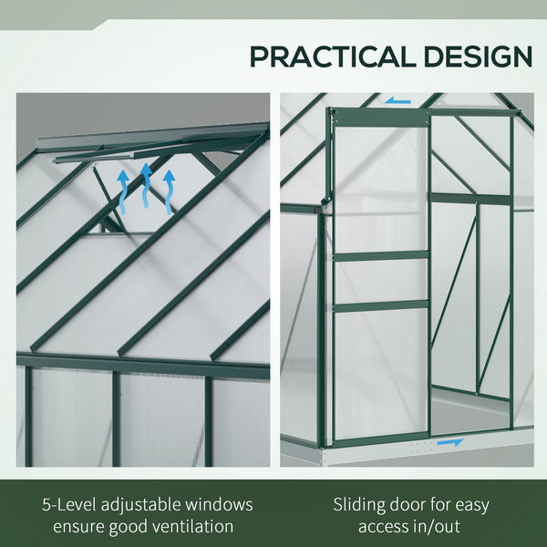 Green polycarbonate greenhouse with adjustable ventilated roof, galvanized base, sliding door and gutter