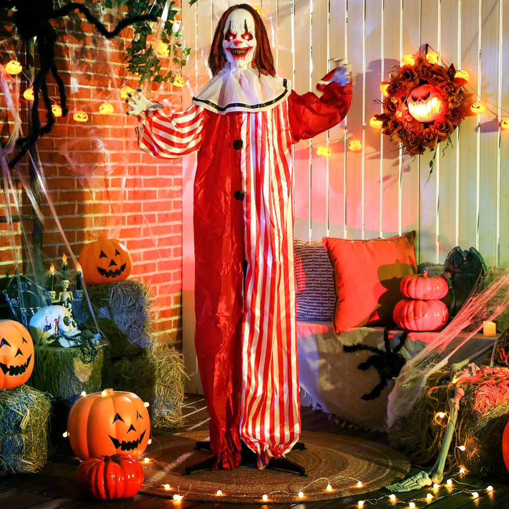 Life-size animated clown for Halloween, red light-up eyes, sound activated, battery operated