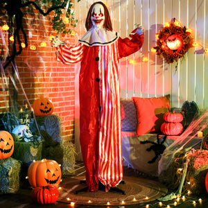 Life-size animated clown for Halloween, red light-up eyes, sound activated, battery operated