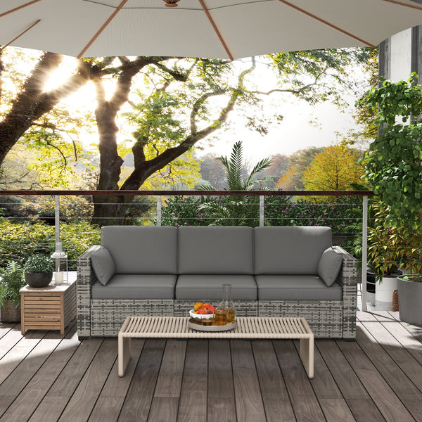 3-seater outdoor sofa in synthetic rattan with cushions, gray