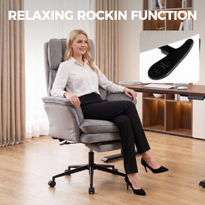 Ergonomic office chair with footrest, flip-up armrests, and 135° reclining backrest, gray