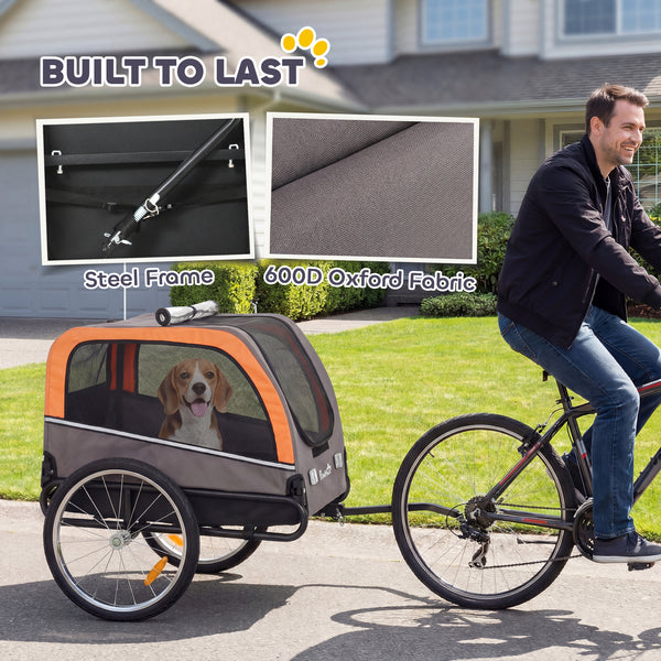 Dog bike trailer with 2 doors, large wheels and safety flag.