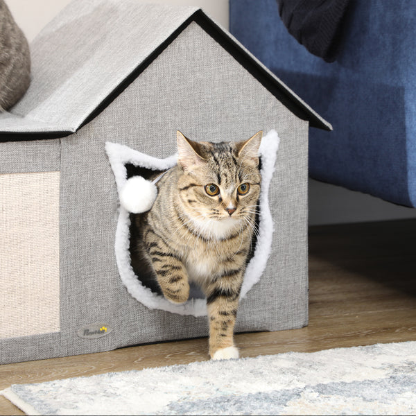 Cat house with soft cushion, scratching post, hanging ball and double entrance, grey.