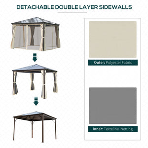 10 x 10 ft Hardtop Gazebo, Heavy Duty Shelter, Sun Shade with Curtain, Beige and Coffee 